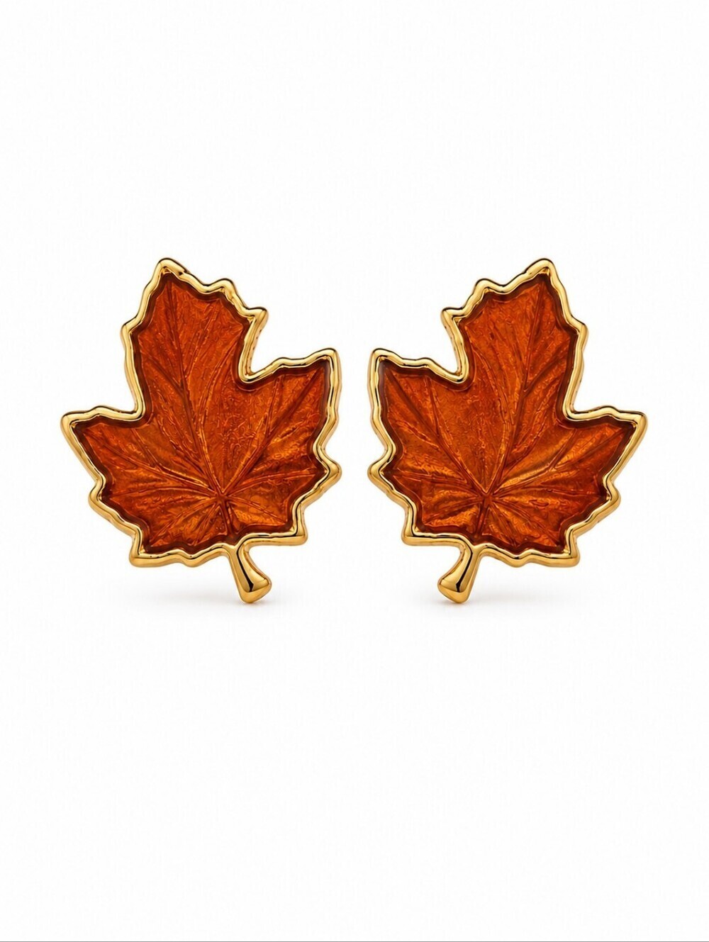 Vtg 1980s Orange Brown Enamel Autumn Leaf Post Earrings